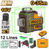 16V/M16 Lithium-Ion Cordless 3D Laser Level Green Laser Level Range: 0~35m ING-CT
