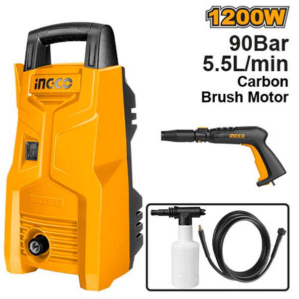 INGCO 1200W high pressure washer for cleaning cars, patios, and outdoor surfaces