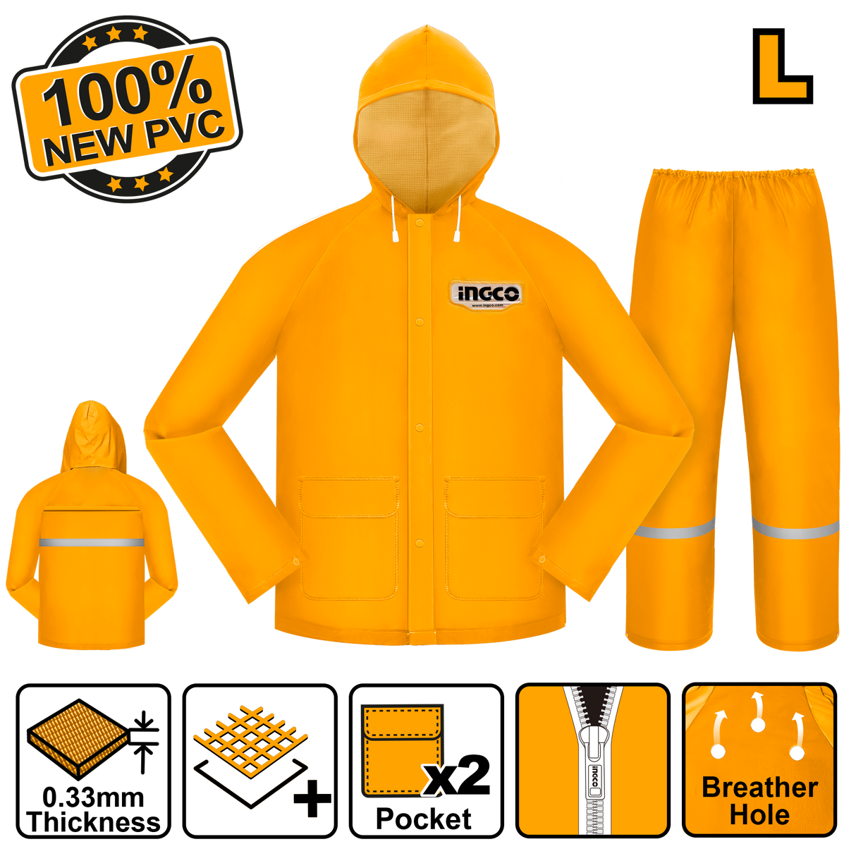 Industrial Rain Coat Suit Set w/ Zipper and Pocket 100% NEW PVC ING-RC