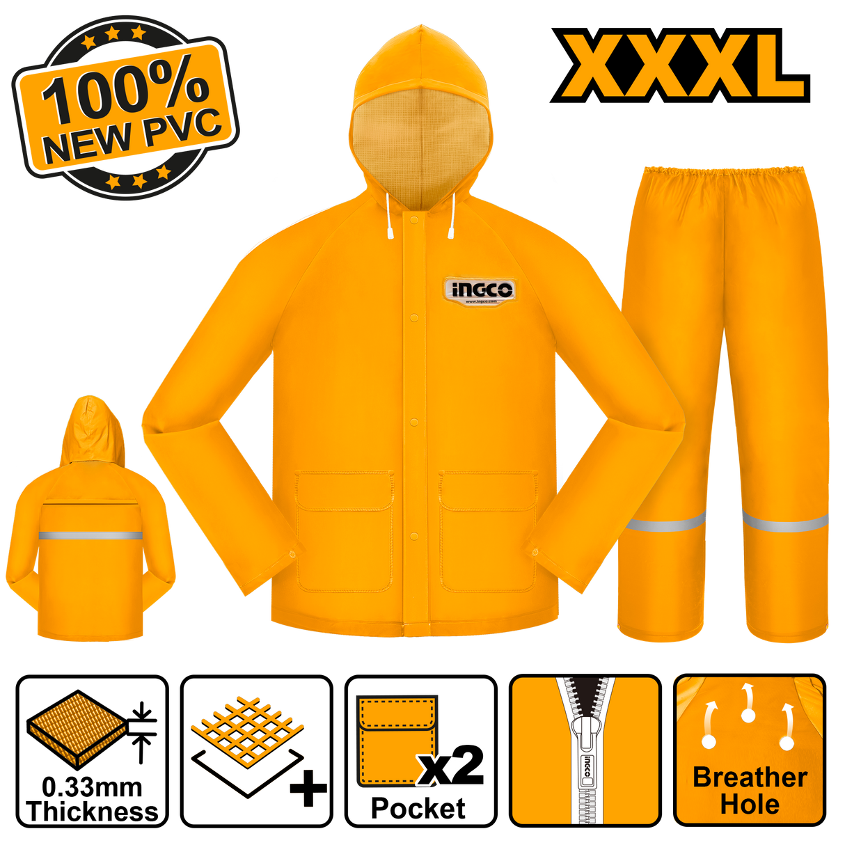 Industrial Rain Coat Suit Set w/ Zipper and Pocket 100% NEW PVC ING-RC