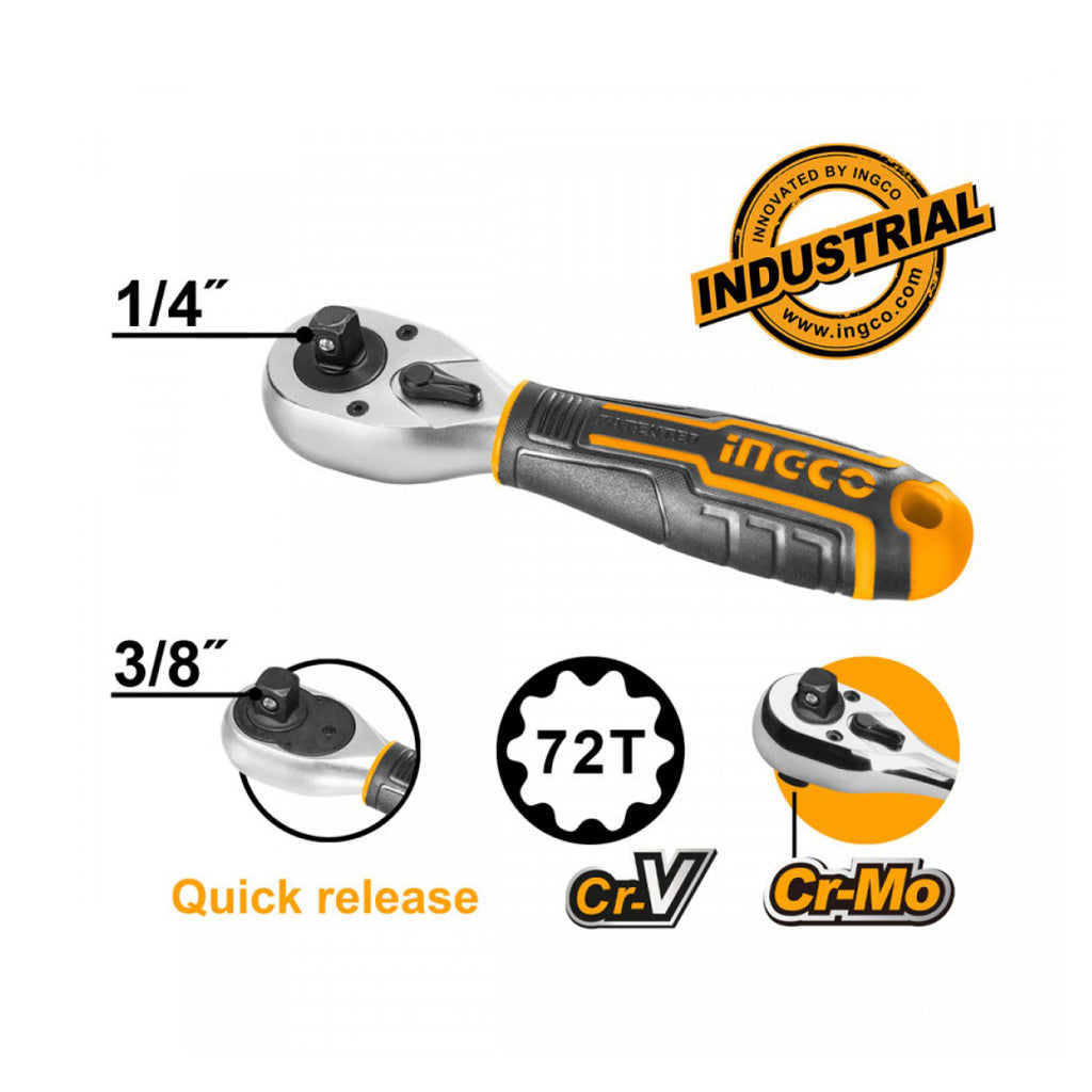 Ingco Industrial CrV 1/4" 3/8" Stubby Ratchet Handle HRTH081438