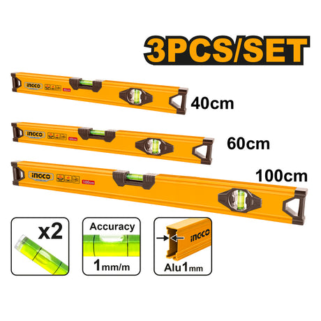 Ingco 3pcs Spirit Level Bar Set 40cm, 60cm, 100cm HSL10403 - Winland Depot