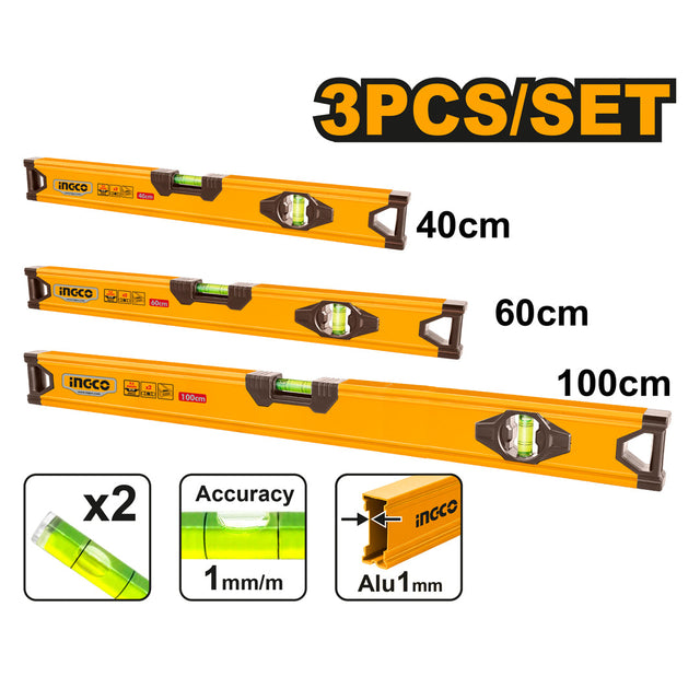 Ingco 3pcs Spirit Level Bar Set 40cm, 60cm, 100cm HSL10403 - Winland Depot