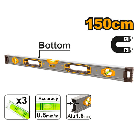 Ingco 150cm Spirit Level Bar with Powerful Aluminum Magnetics HSL38150M - Winland Depot