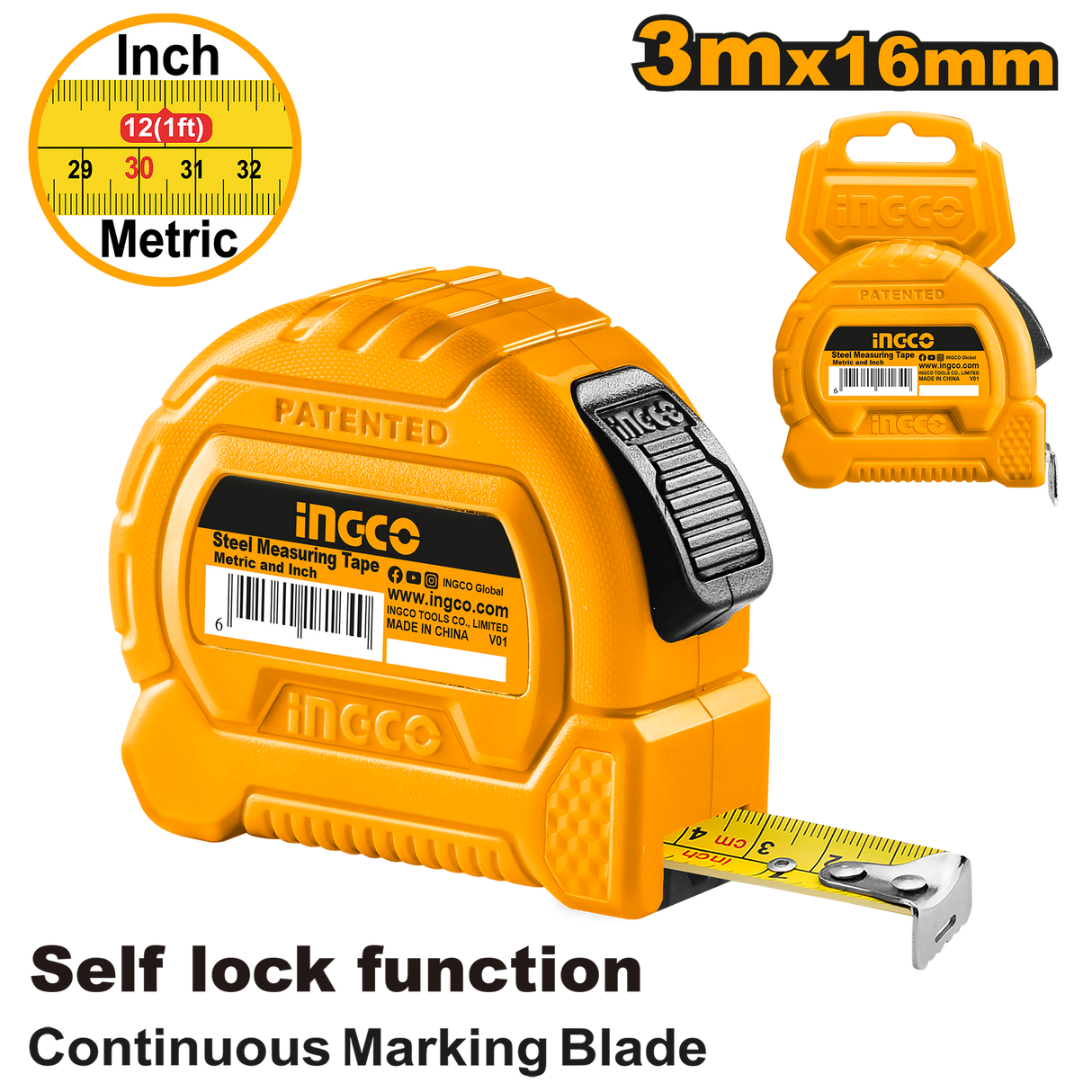 ingco self-lock steel measuring tape measure double button w/ pure abs 3m/5m ing-ht alternate view