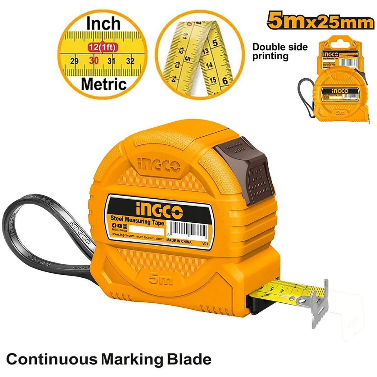 ingco self-lock steel measuring tape measure double button w/ pure abs 3m/5m ing-ht alternate view