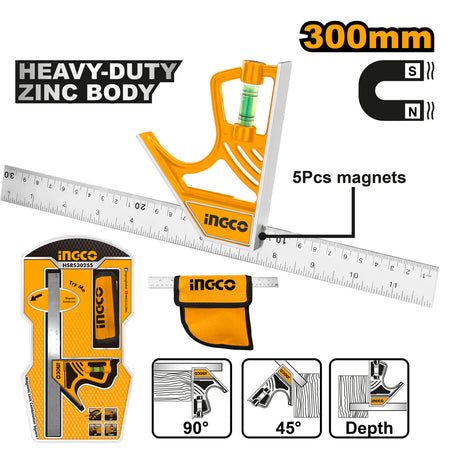 Ingco 12 Inches Magnetic Lock Combination Square Stainless Steel HSR530255 - Winland Depot