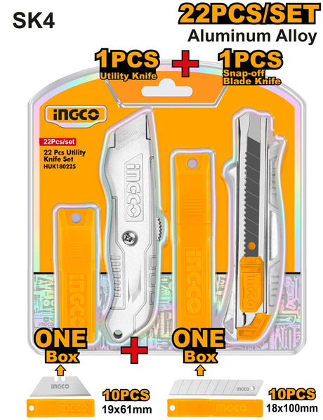 Ingco 22 Pcs 180mm (7 Inch) Aluminum Utility Knife Cutter Set HUK180225 - Winland Depot