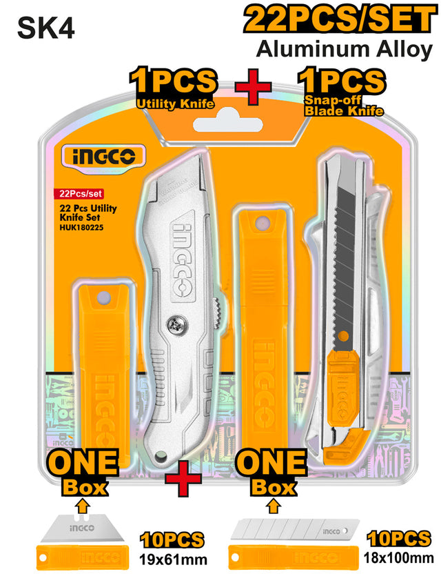 Ingco 22 Pcs 180mm (7 Inch) Aluminum Utility Knife Cutter Set HUK180225 - Winland Depot