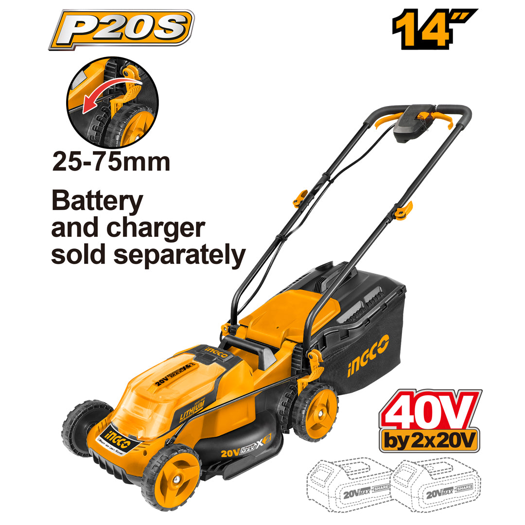 P20S 14 Inch 40V Lithium-Ion Cordless Lawn Mower Cutter Hand Push Type LMLI2014