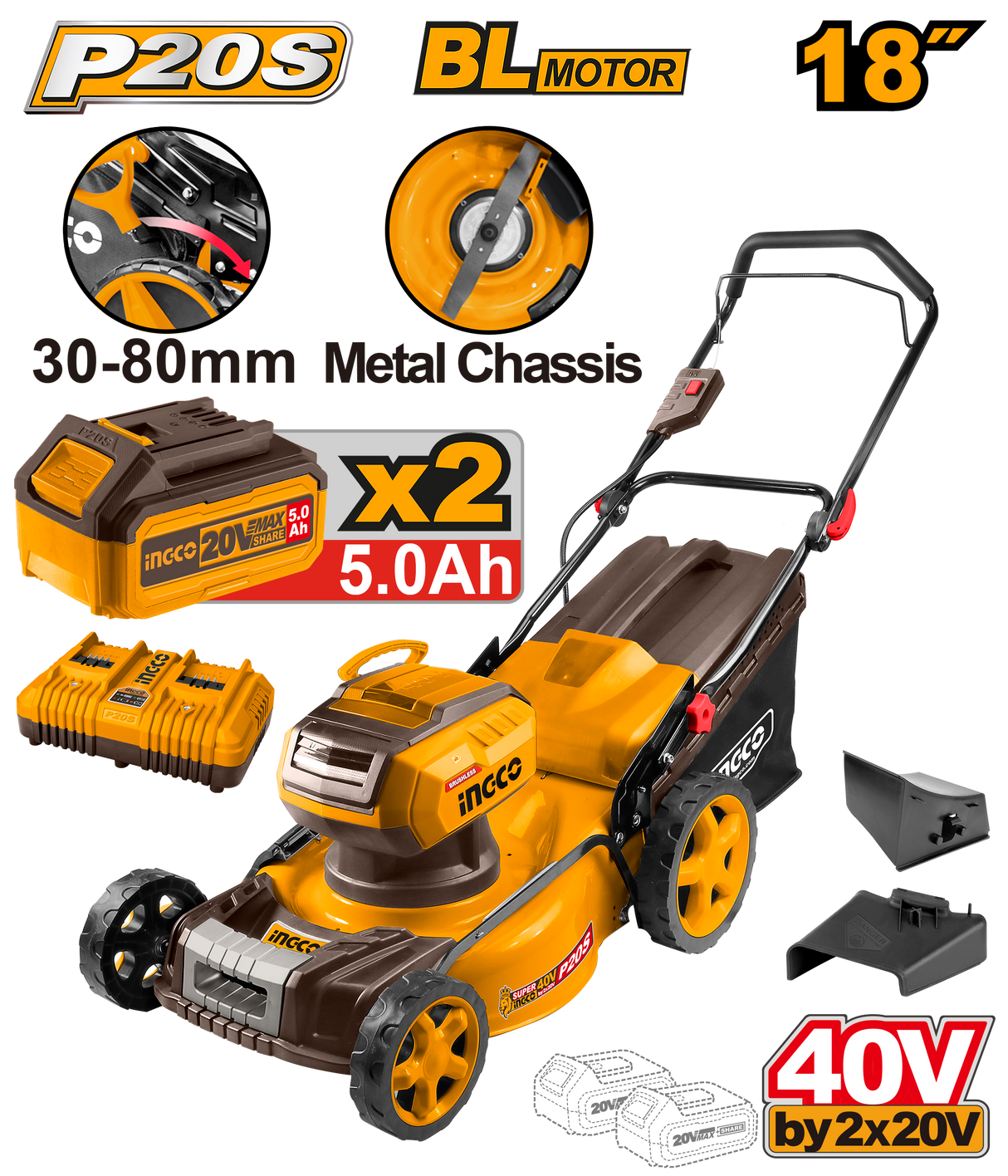 18inch 20inch 40V Lithium-Ion Cordless Lawn Mower Cutter Hand Push Type P20S ING-COR