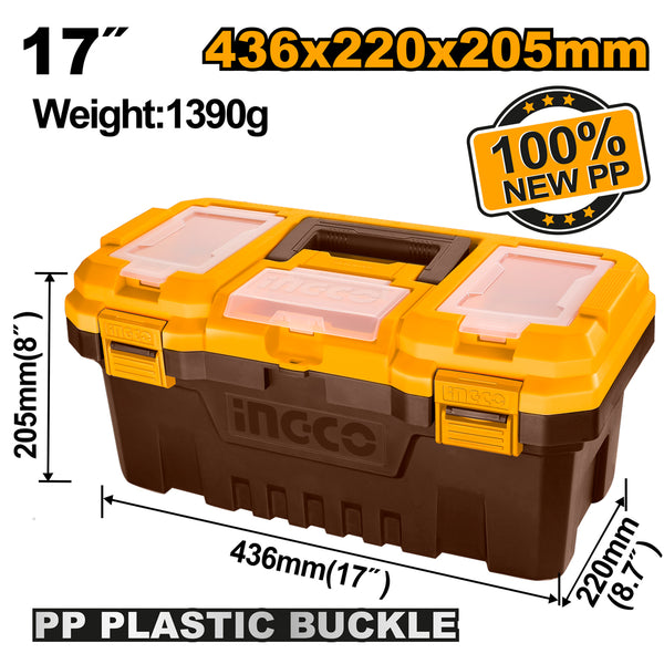 INGCO heavy-duty toolbox with removable tray for tool storage and organization