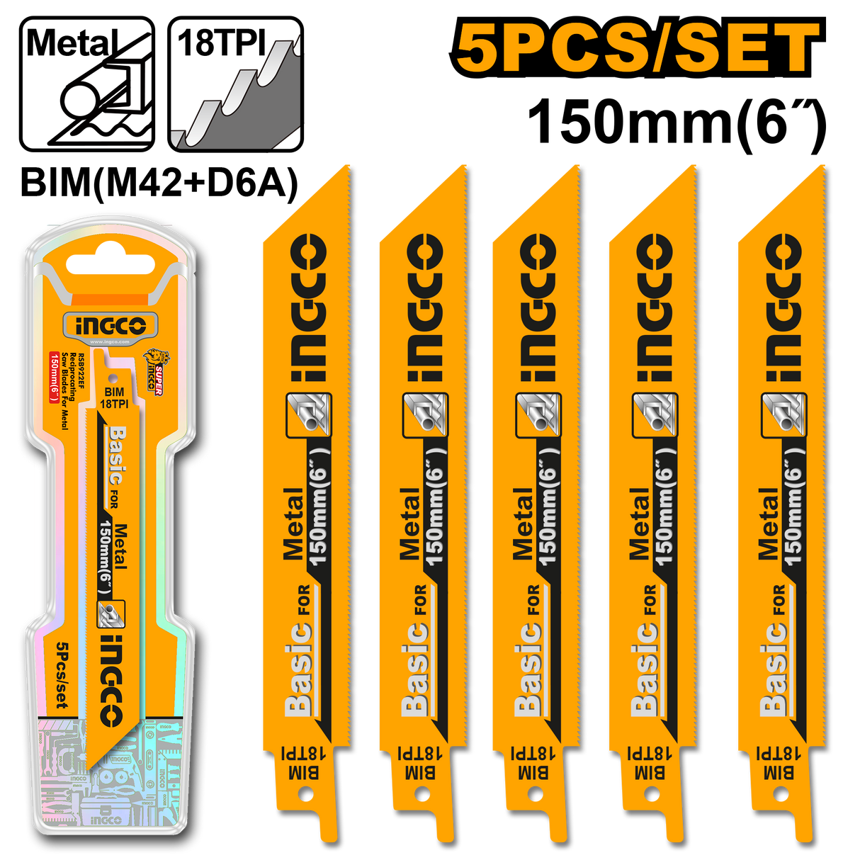 Ingco 5PCS/Set 150mm(6in) Bi-Metal Reciprocating Saw Blades for Metal RSB922EF ING-HT