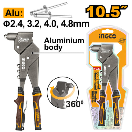 Ingco 360 Degree Swivel Head - Hand Riveter 10.5 Inch Aluminum Steel SHHR106 - Winland Depot