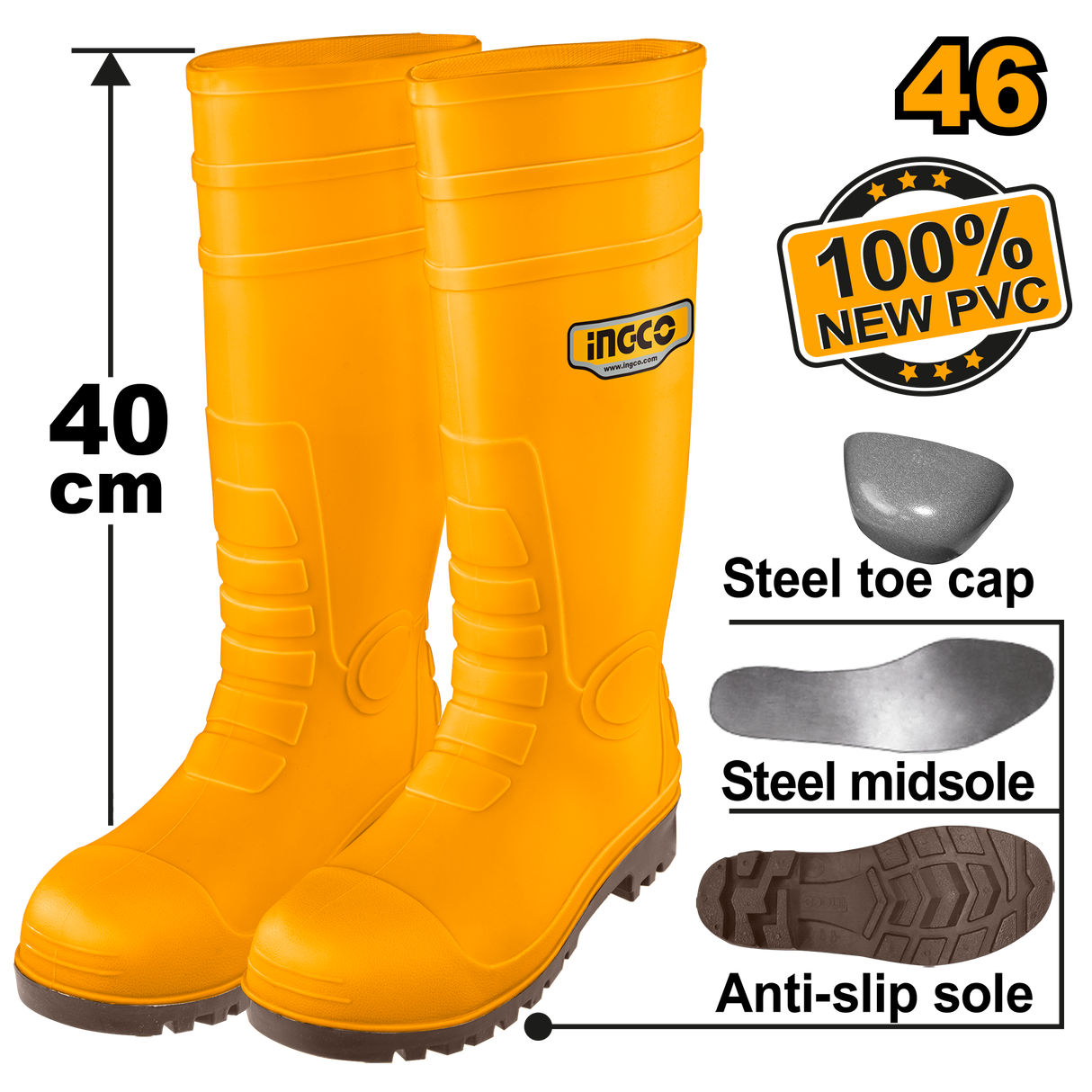 Ingco Safety Boots 100% New Zinc PVC with Anti-Slip Sole and Stee toe cap ING-HT