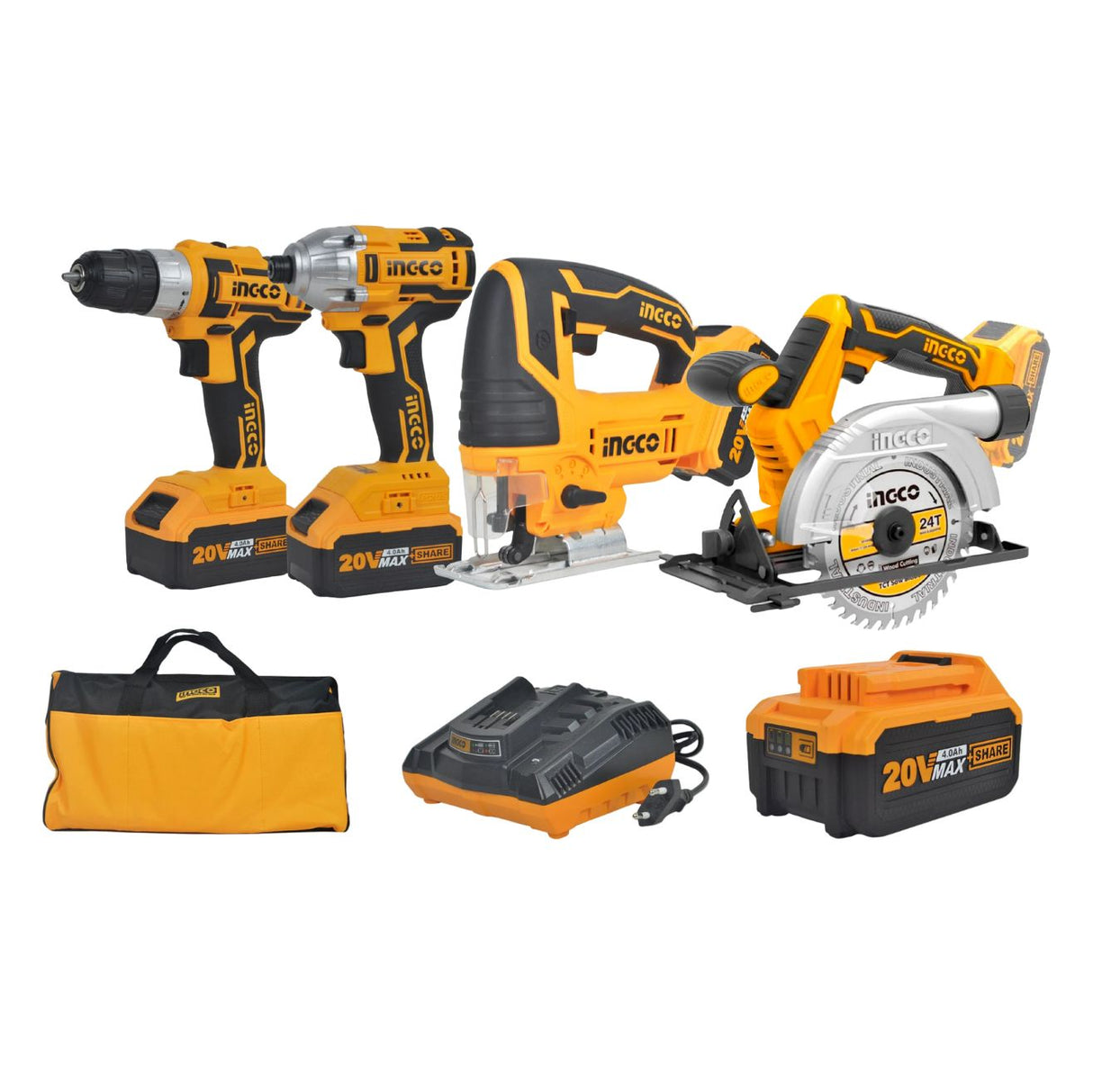 INGCO Lithium-Ion Cordless 4pcs Combo Kit Cordless Circular Saw Cordless Drill Cordless Impact Driver Cordless Jigsaw CKLI2010