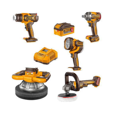 INGCO cordless power tools kit with drill, impact driver, work light, charger, batteries, and polishers