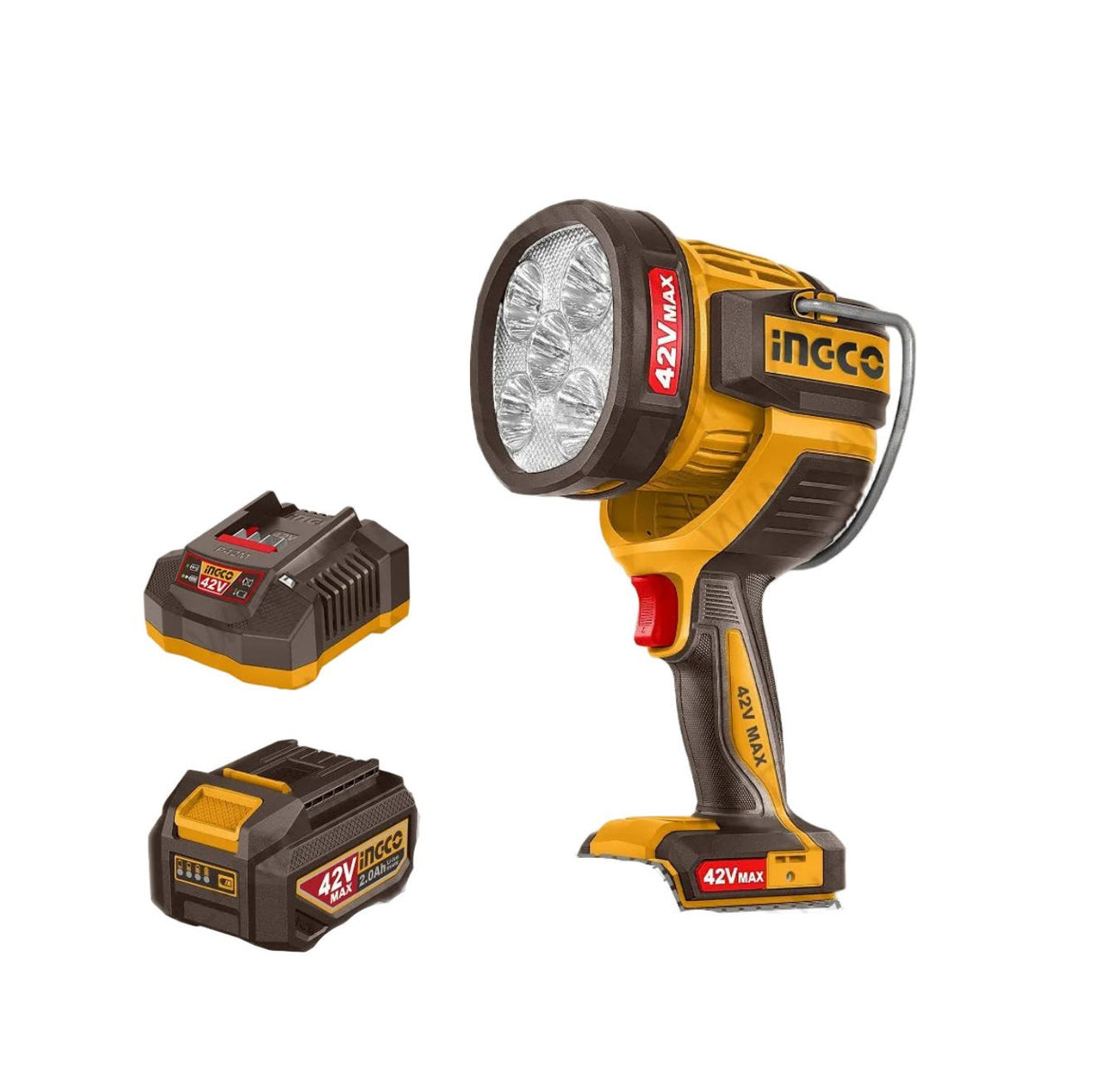 Ingco CWLI42896 42V MAX flashlight with two batteries on a white background 