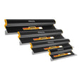 Black INGCO finishing trowels in multiple sizes with ergonomic handles, arranged in a row for plastering and cement finishing use.