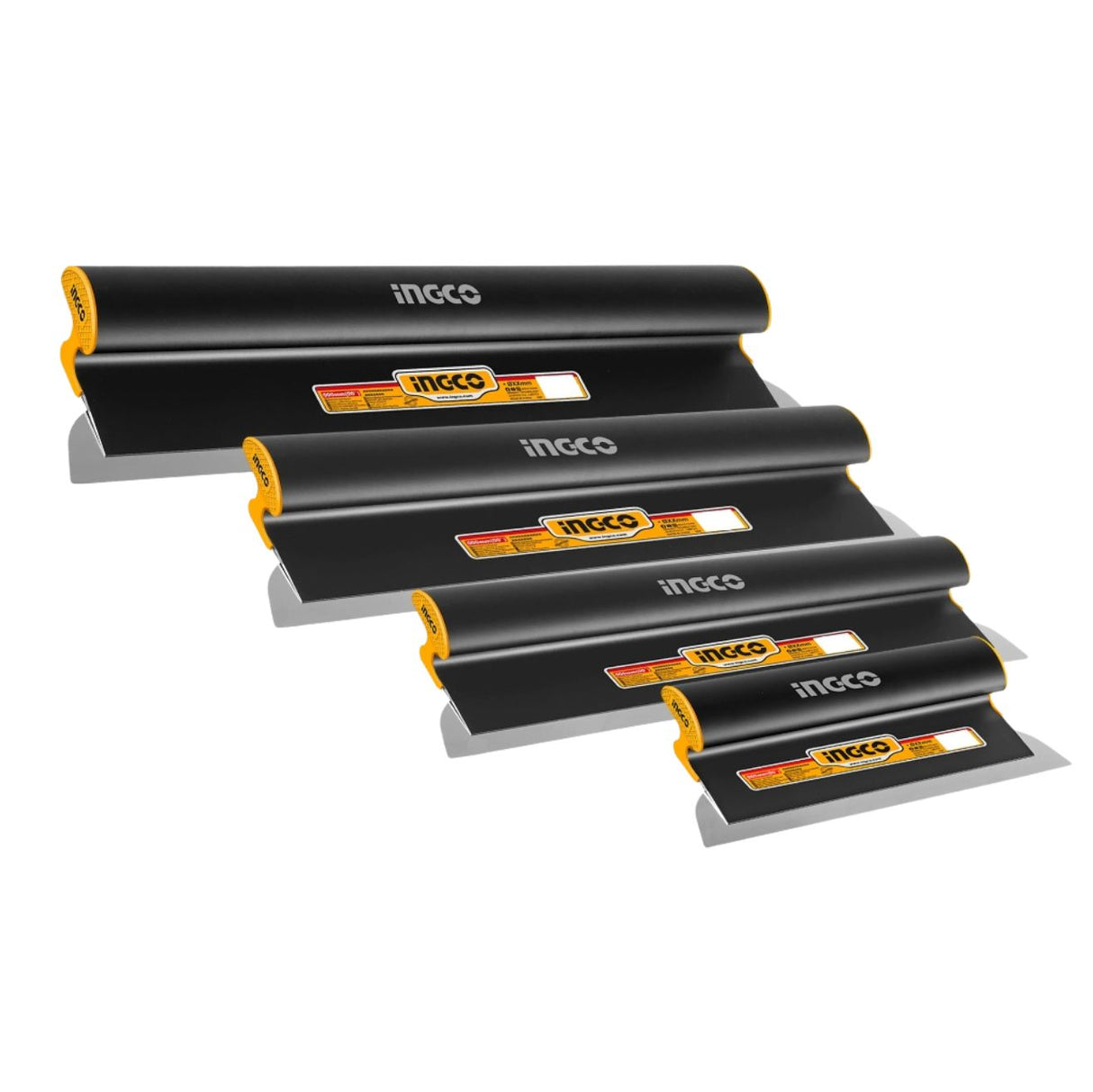 Black INGCO finishing trowels in multiple sizes with ergonomic handles, arranged in a row for plastering and cement finishing use.