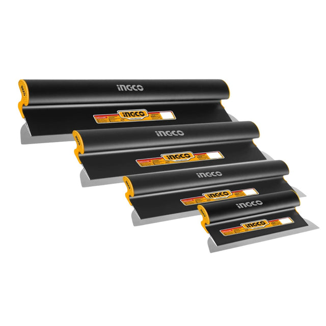 Black INGCO finishing trowels in multiple sizes with ergonomic handles, arranged in a row for plastering and cement finishing use.