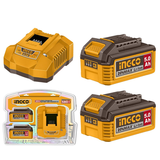 **INGCO 20V lithium-ion battery and charger kit with two 5.0Ah batteries**
