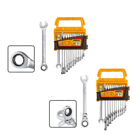 Set of ratcheting wrenches in a carrying case on a white background