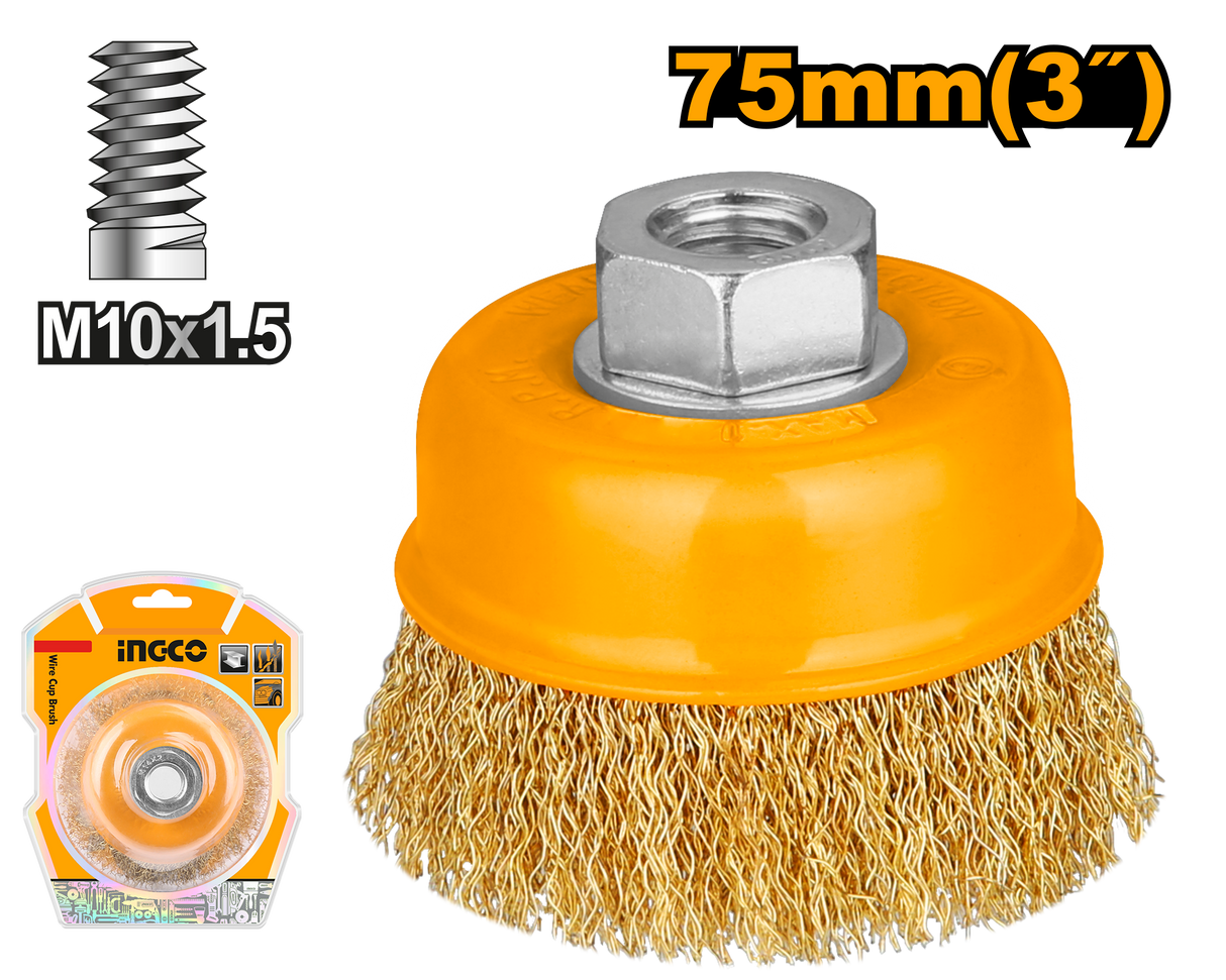 IngcoCup Brush Twisted Wire with Nut for Angle Grinder 75mm M10 X 1.5 WB10752 ING-HT