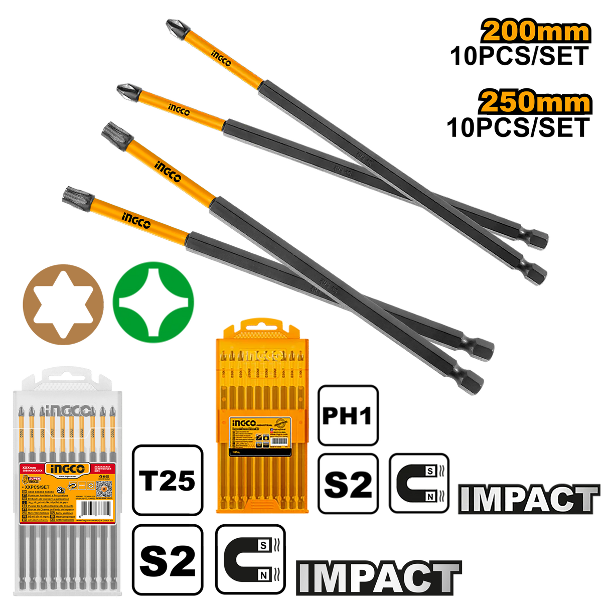 Ingco 10Pieces S2 Impact Screwdriver Bits PH1 x 200mm / PH1 x 250mm / T25 x 250mm ING-HT