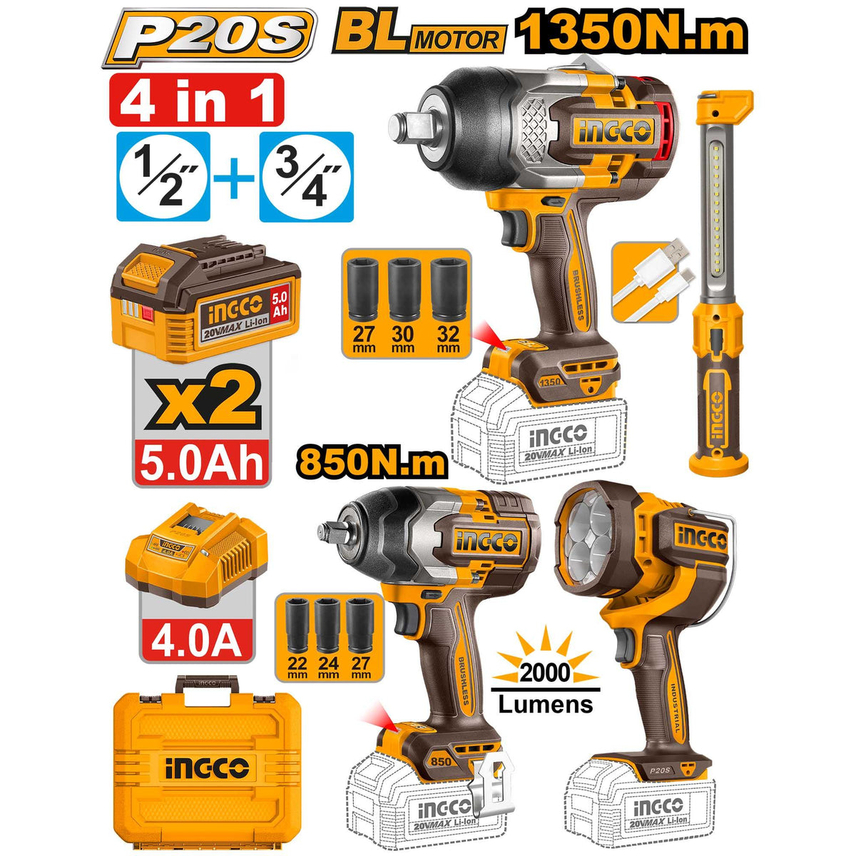 Ingco P20S/20V 4pcs Cordless Combo Kit (2pcs Cordless Impact Wrench & 2pcs Cordless Work Lamp) COSLI250782 (ICO)