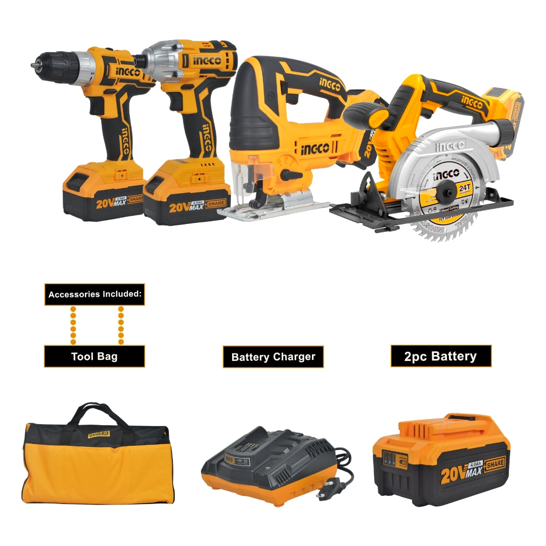 INGCO Lithium-Ion Cordless 4pcs Combo Kit Cordless Circular Saw Cordless Drill Cordless Impact Driver Cordless Jigsaw CKLI2010