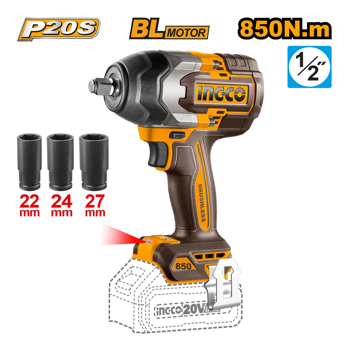 Ingco P20S/20V 4pcs Cordless Combo Kit (2pcs Cordless Impact Wrench & 2pcs Cordless Work Lamp) COSLI250782 (ICO)