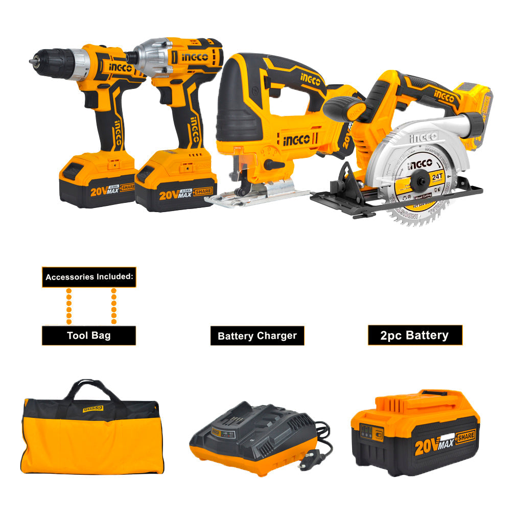 Ingco P20S 20V Lithium-Ion 4 Pcs Combo Kit Cordless Circular Saw + Drill + Impact Driver + Jigsaw CKLI2010