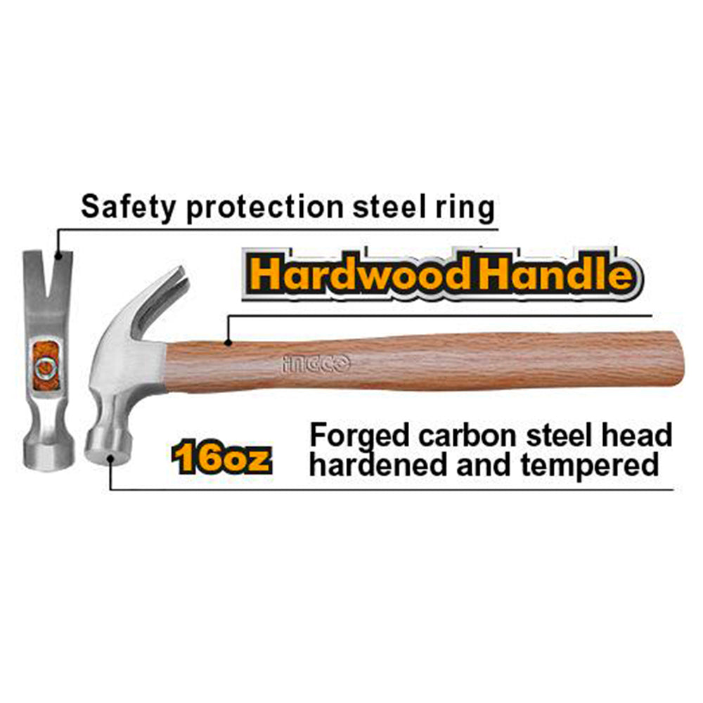 Ingco Wooden Claw Hammer 16oz No.45 Carbon Steel HCH0416
