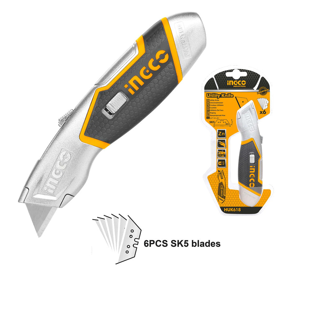 Ingco Industrial Utility Knife Zinc Alloy Shell with SK5 (6 Pcs Blade) HUK618