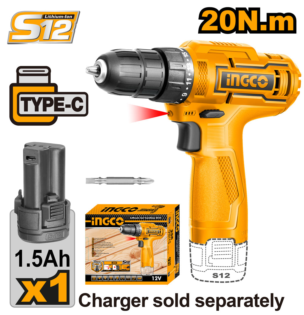 Ingco LI-ION S12 Series Cordless Drill 12V CDLI12422