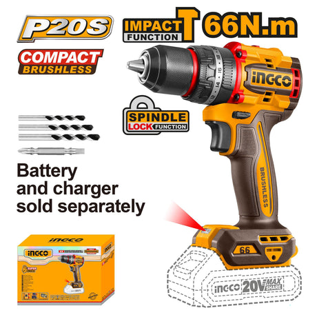 Ingco P20S/20V Lithium-Ion Brushless Compact Impact Cordless Drill ING-CT