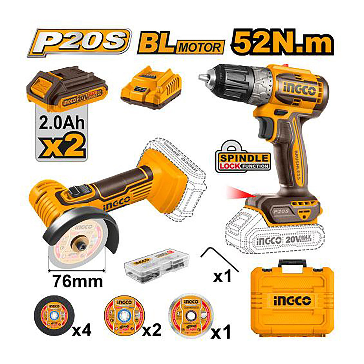 Ingco Ingco Brushless Motor Lithium-Ion Cordless 2pcs Combo Kit CKLI20278 ING-CT