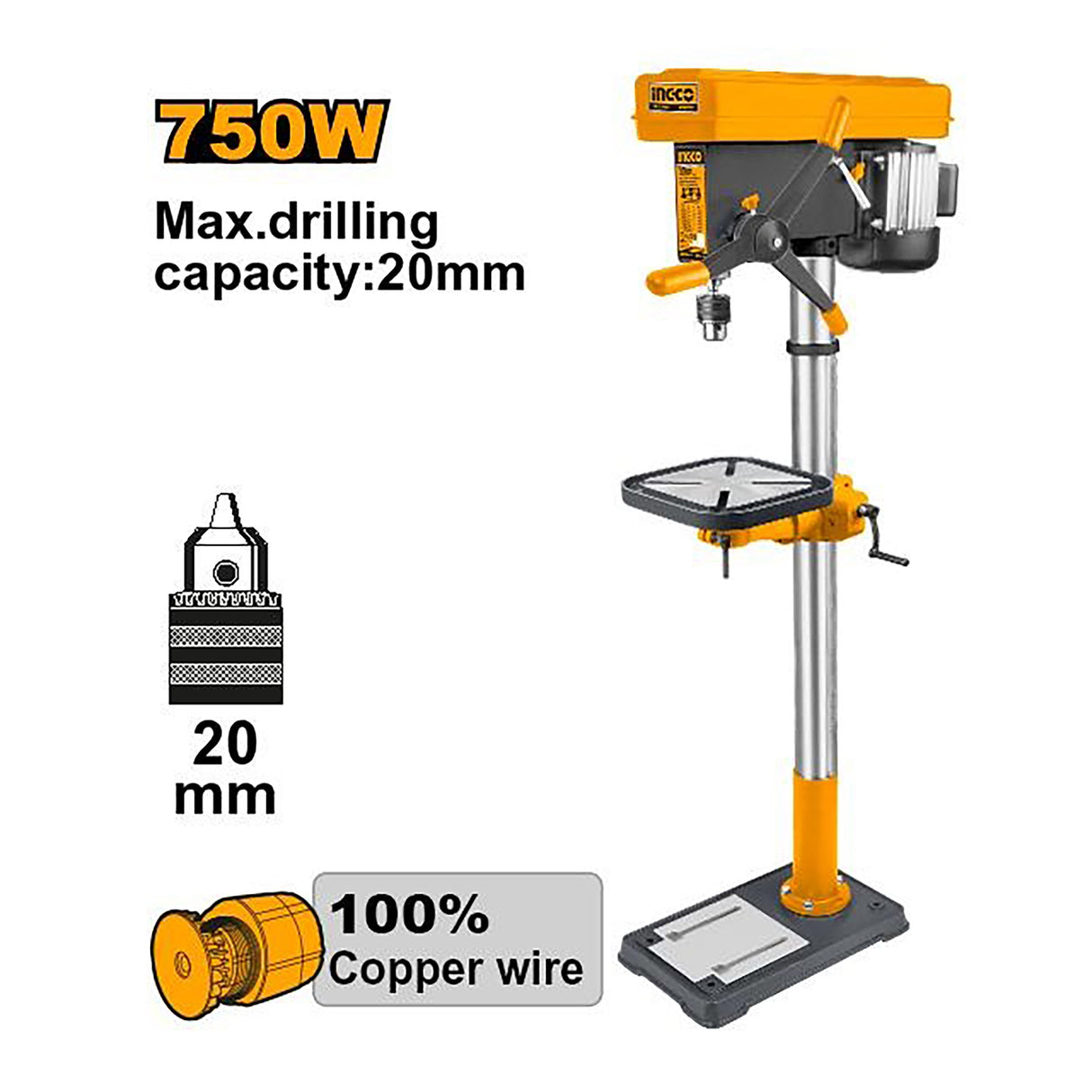 Ingco Ingco Drill Press (750W) 20mm 16-Speed 270 x 270mm Table Size DP207505-5P