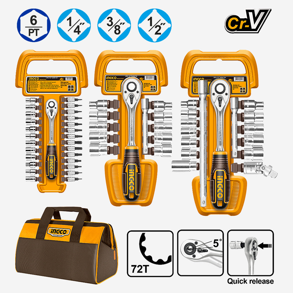 Set of 57 Pieces 1/4in & 3/8in & 1/2in Socket Set COS23092 ING-HT