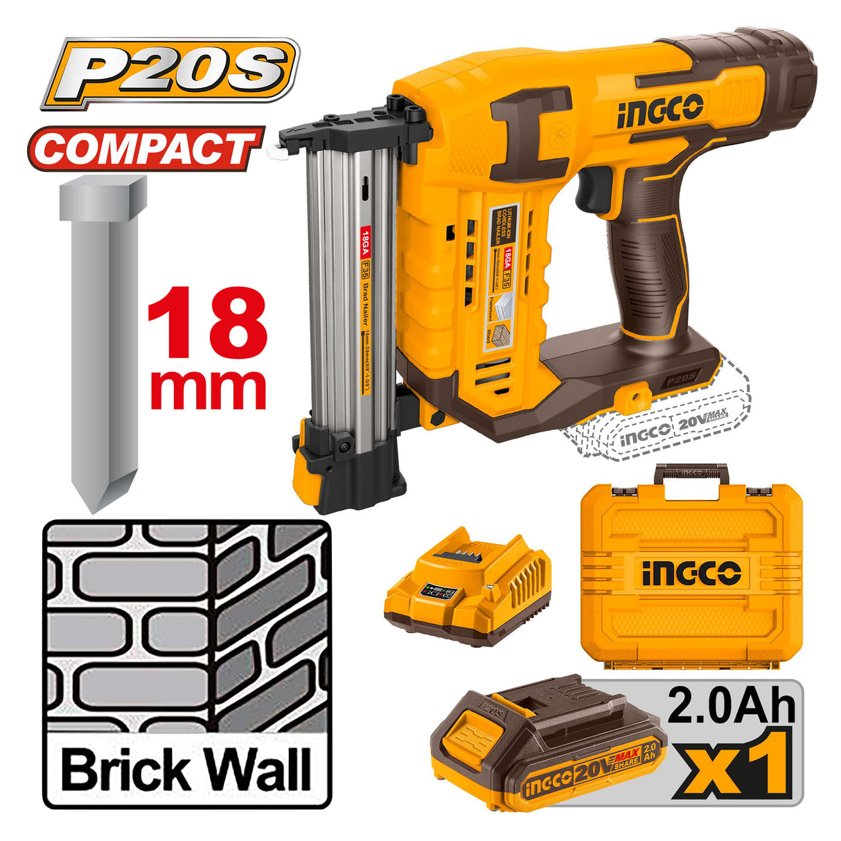 P20S/20V Lithium-Ion Cordless Concrete Brad Nailer Kit CSTLI3808 ING-CT