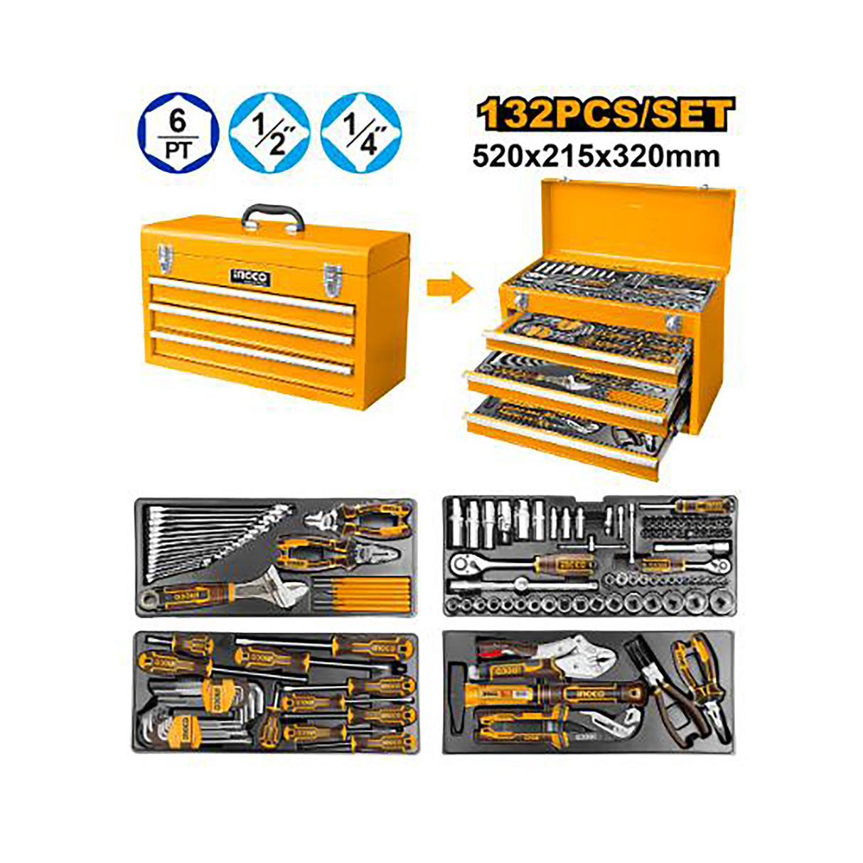 132pcs Tool Chest Set with 3pcs Drawers & 1pc Top Tracy Area HTCS221321 ING-HT