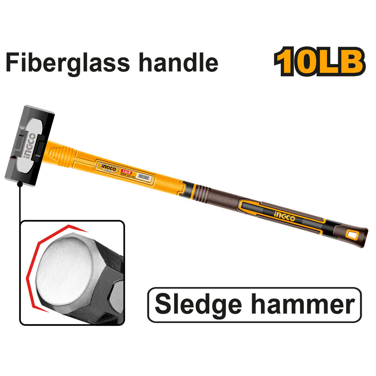 Sledge Hammer 10LBs Drop Forged Hammer Head Fiberglass Handle HSM81498 ING-HT