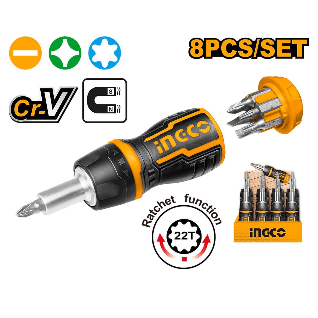 Ingco 8 IN 1 Stubby Ratchet Screwdriver Set AKISDS1728 ING-HT