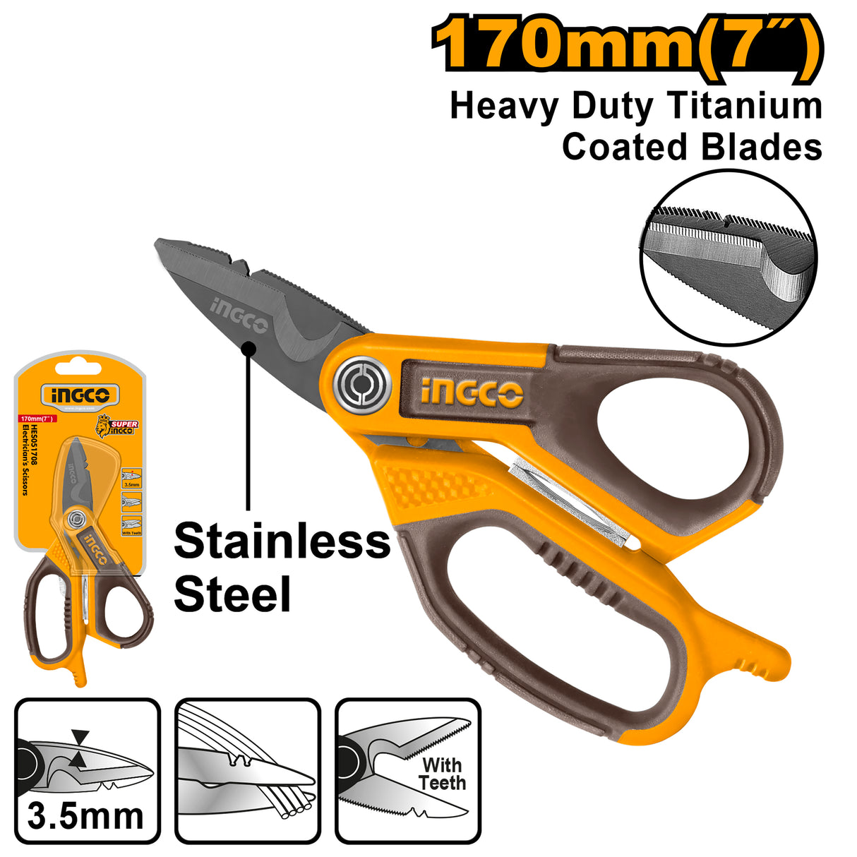 Ingco 170mm(7") Electrician's Scissors Titanium Plated Stainless Steel Material HES051708