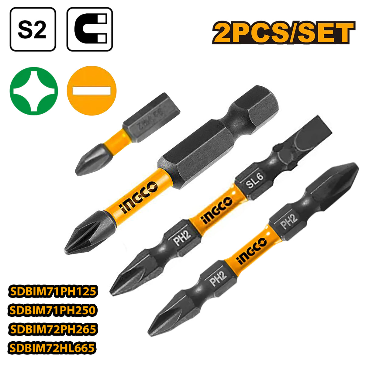 Ingco Impact Screwdriver Bits PH1,25mm to PH2+SL6,65mm Sold Per Set ING-HT