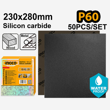 Ingco Silicon Carbide Waterproof Sandpaper Size:230x280mm Grit:P60-P2000 50pcs/Set ING-HT