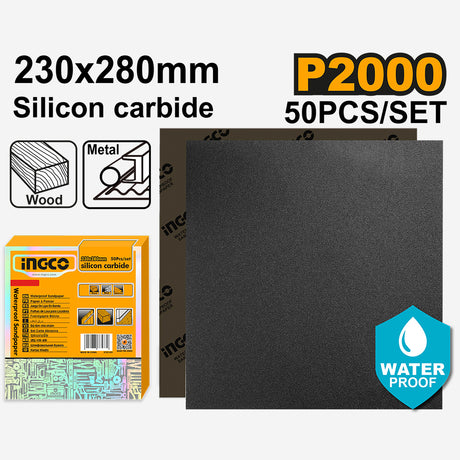 Ingco Silicon Carbide Waterproof Sandpaper Size:230x280mm Grit:P60-P2000 50pcs/Set ING-HT