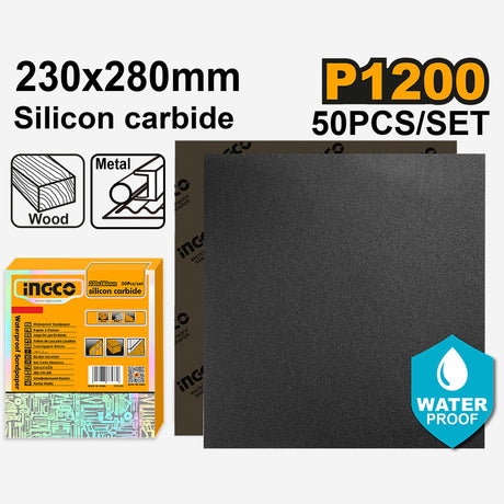 Ingco Silicon Carbide Waterproof Sandpaper Size:230x280mm Grit:P60-P2000 50pcs/Set ING-HT