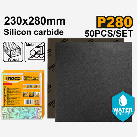 Ingco Silicon Carbide Waterproof Sandpaper Size:230x280mm Grit:P60-P2000 50pcs/Set ING-HT